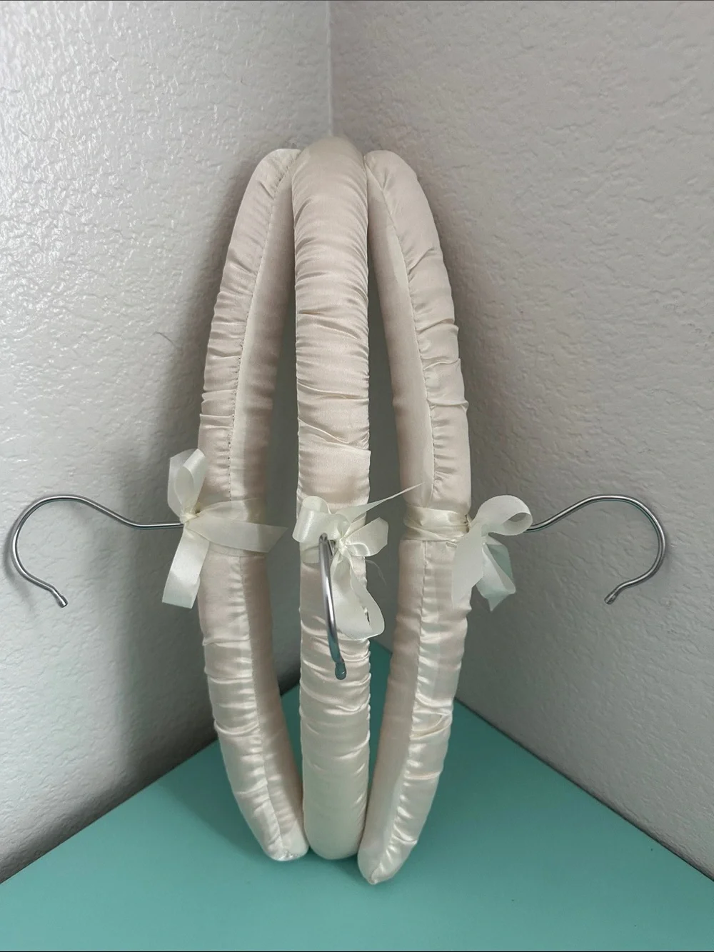 Satin padded heavy duty hangers-set of 3ct.-glossy ivory color & silver hook-new